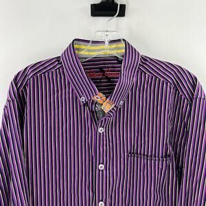 Robert Graham X Men's LS Stripe Button Front Shirt - Purple/Black/Lime - XL